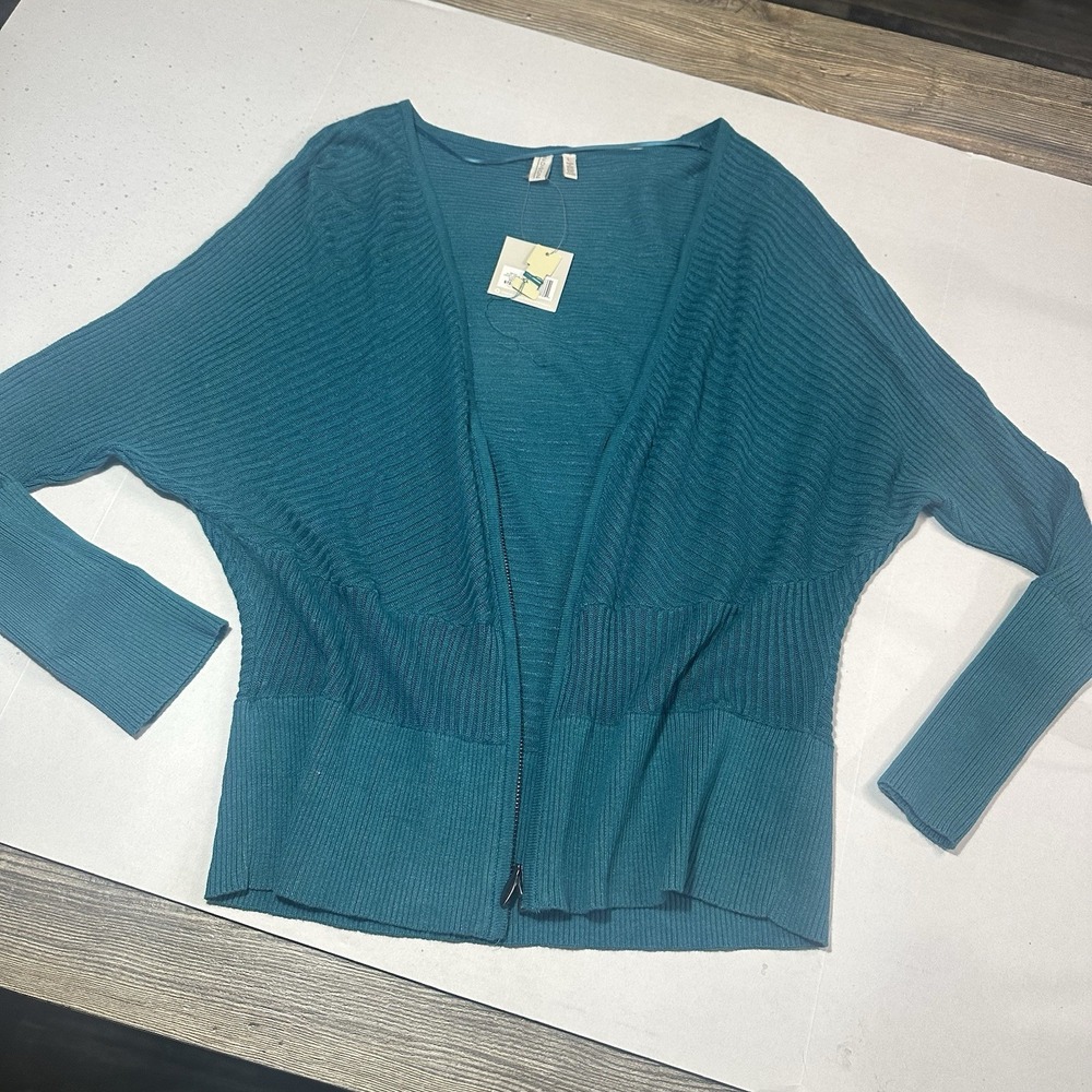 Madison Zipper Cardigan Women's L‎ Turquoise Knit Dolman Sleeves V Neck